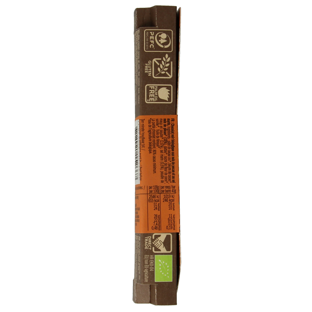 Lovechock salted pecan organic chocolate bar, 40g, showing the chocolate piece with pecans and salted surface.