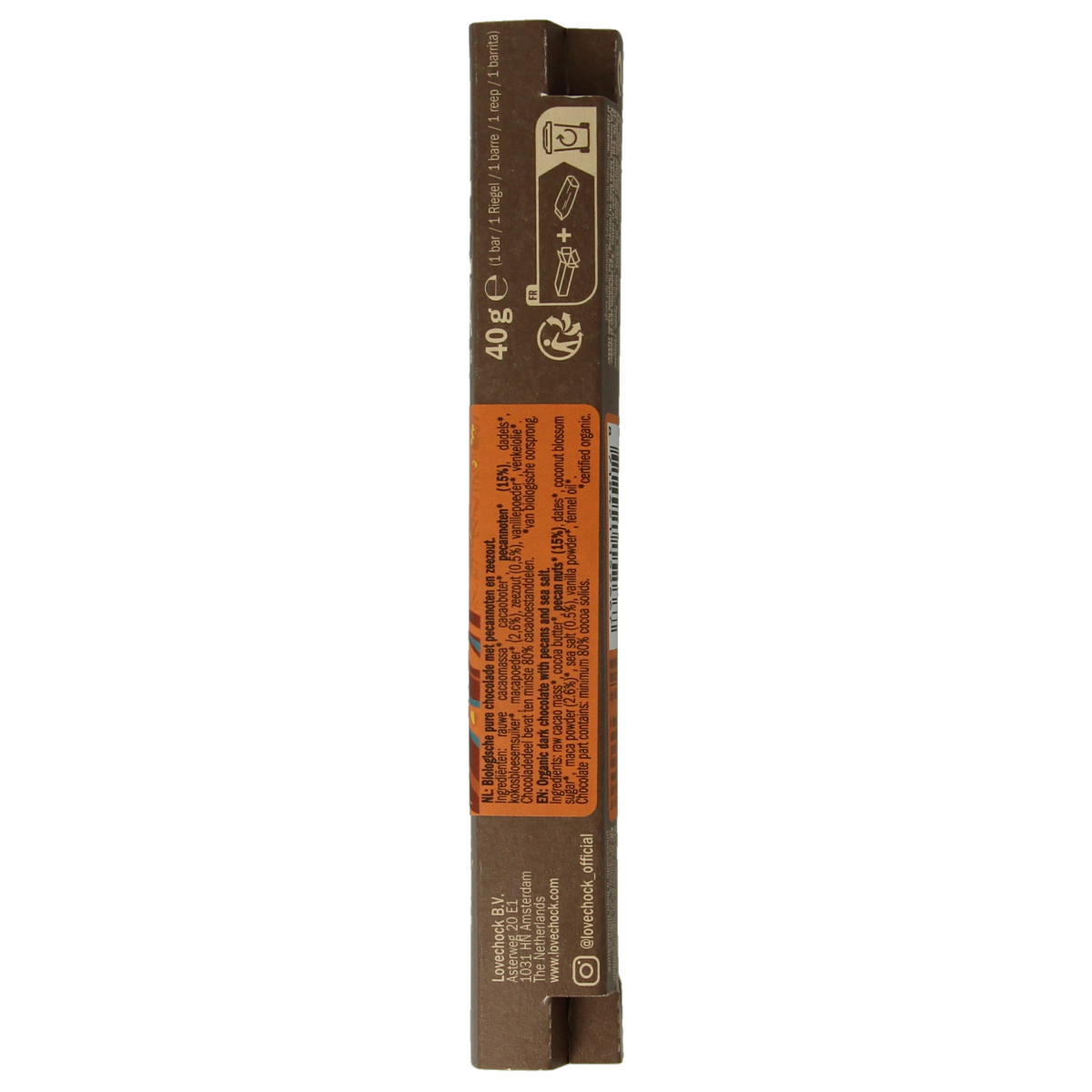 Lovechock Salted Pecan organic chocolate bar, 40g, with salted pecan nuts and rich chocolate visible in the image.