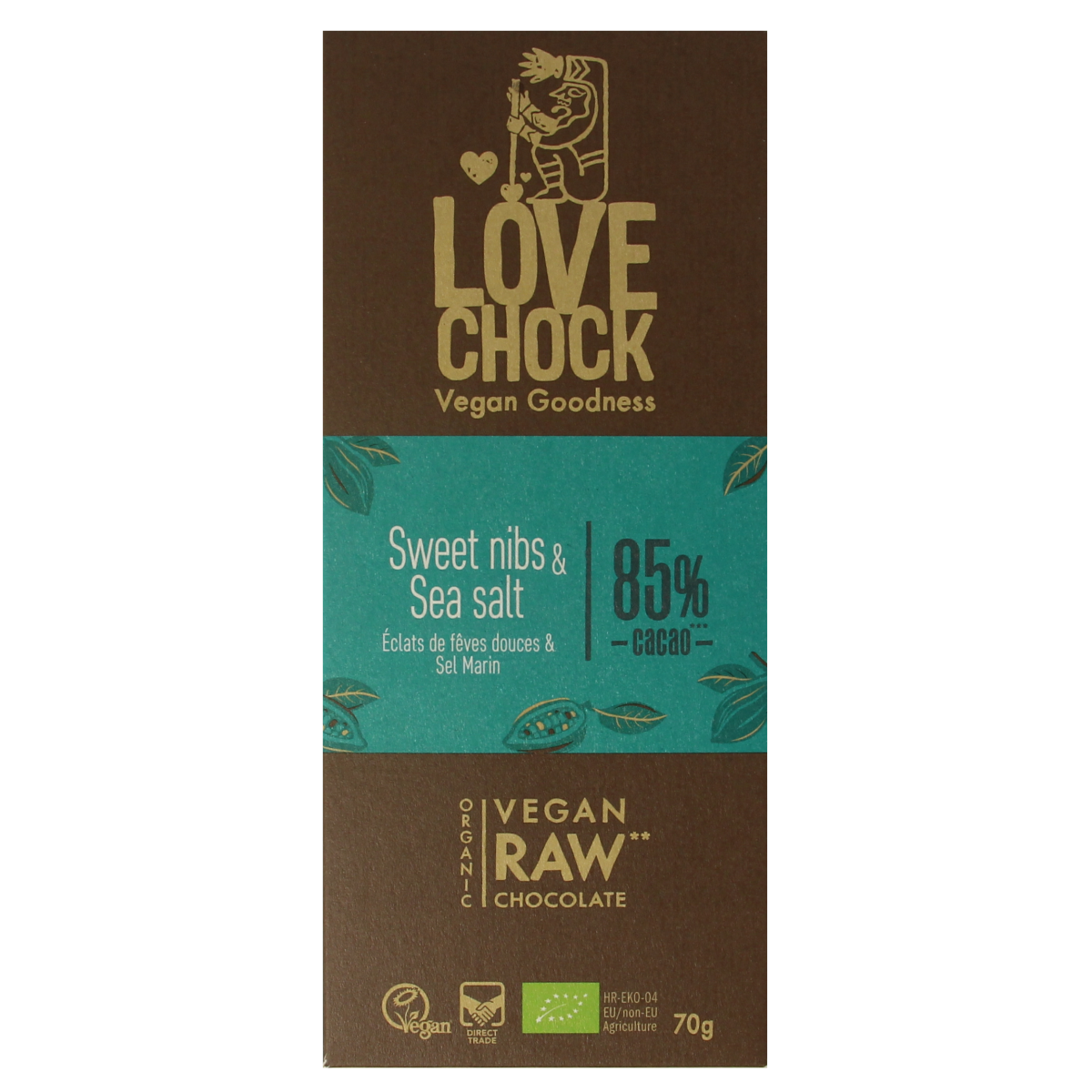 Lovechock Sweet Nibs & Seasalt organic chocolate bar, 70g, with visible chocolate pieces and sea salt flakes.