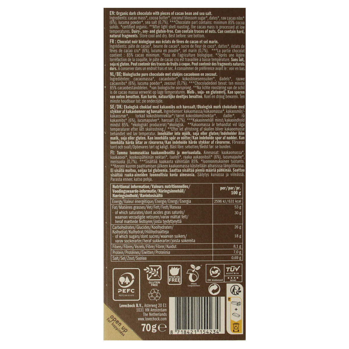 Lovechock Sweet Nibs & Seasalt organic chocolate bar, 70g, with visible chocolate pieces, sea salt flakes, and natural packaging.