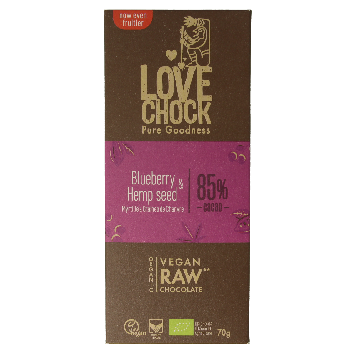 Lovechock blueberry hempseed organic chocolate bar, 70g, with blue blueberries and hemp seeds visible on the chocolate surface.