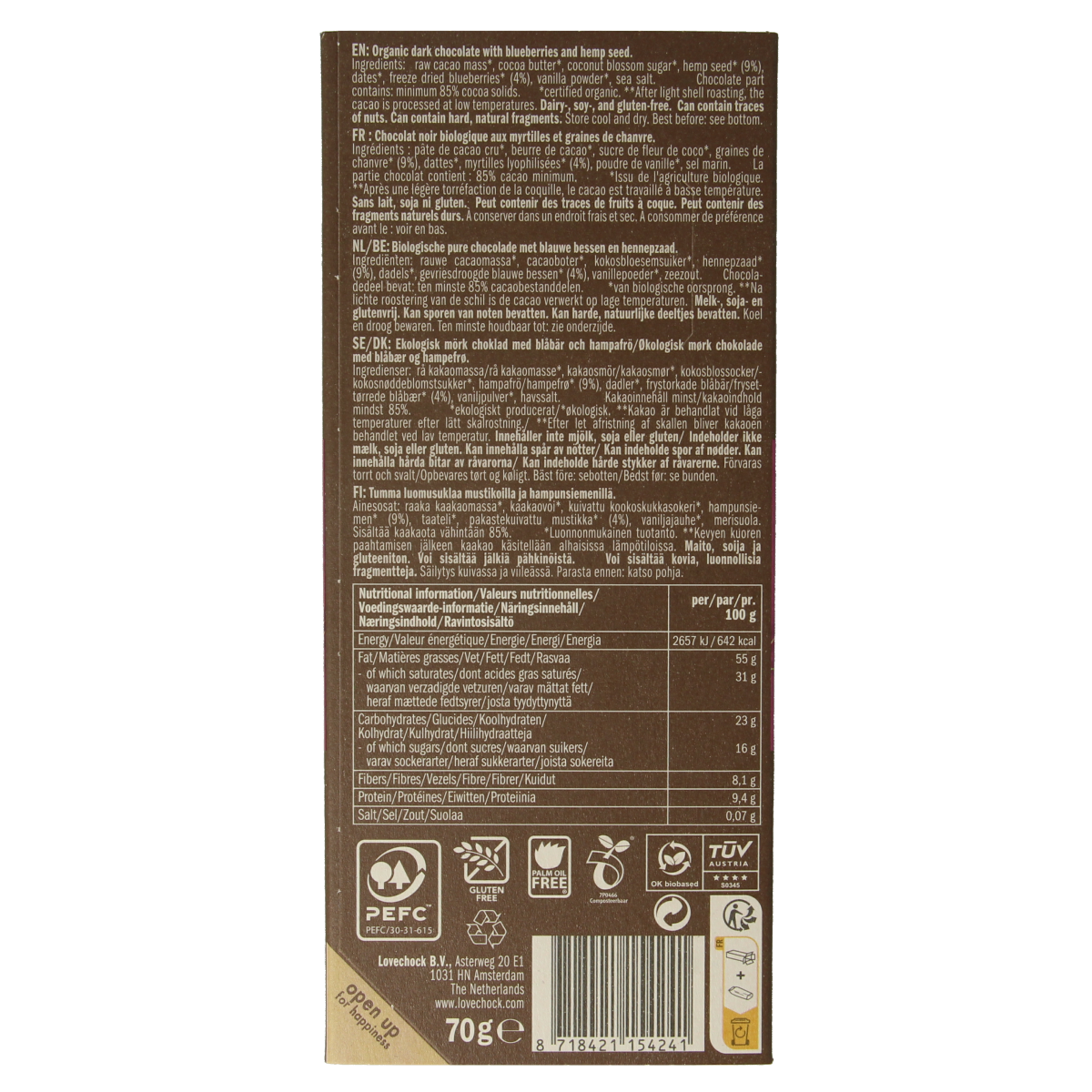 Lovechock blueberry hempseed organic chocolate bar, 70g, with visible blueberry pieces and hemp seeds in dark chocolate.
