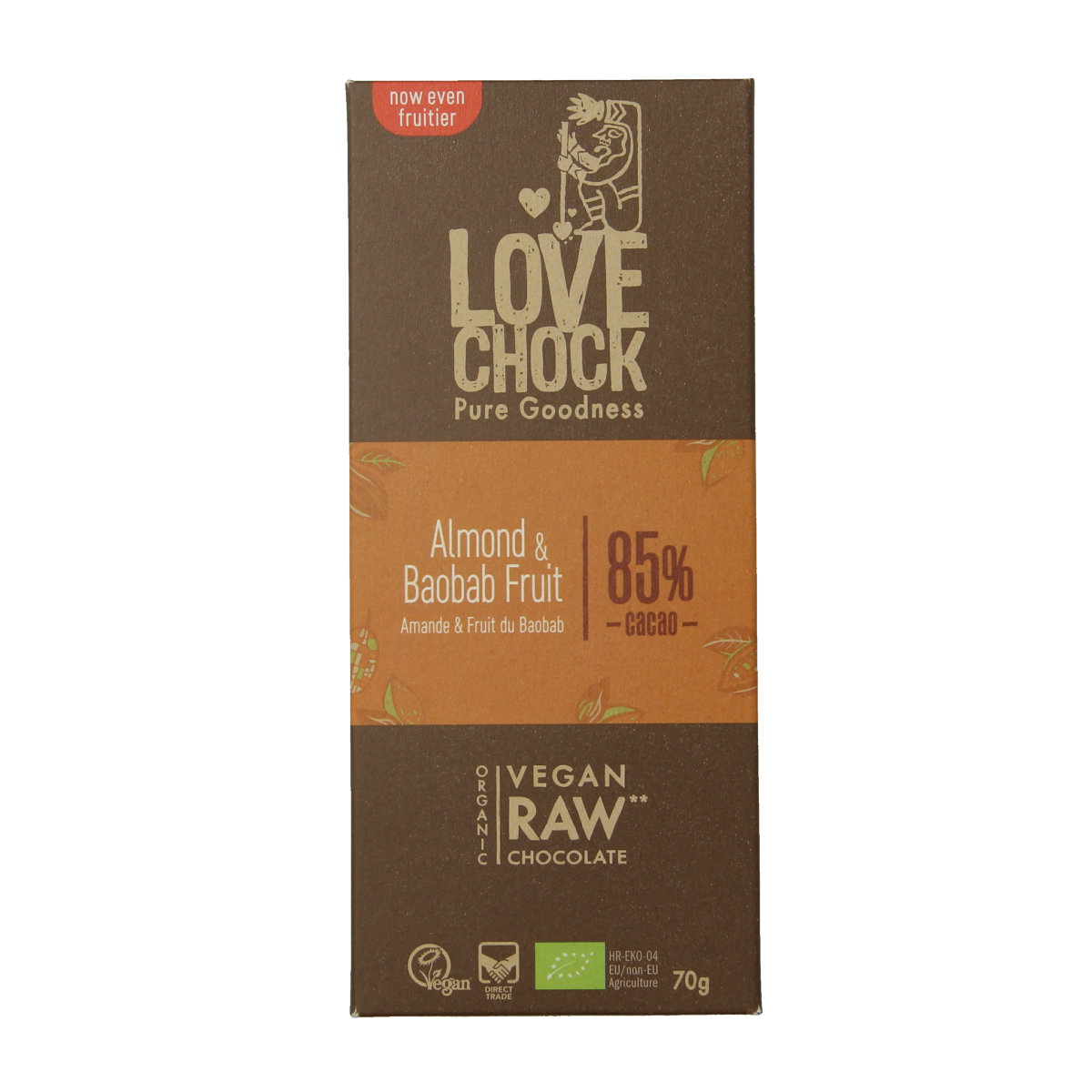 Lovechock almond and baobab bio chocolate bar, 70g, with visible almond pieces and smooth dark chocolate surface.