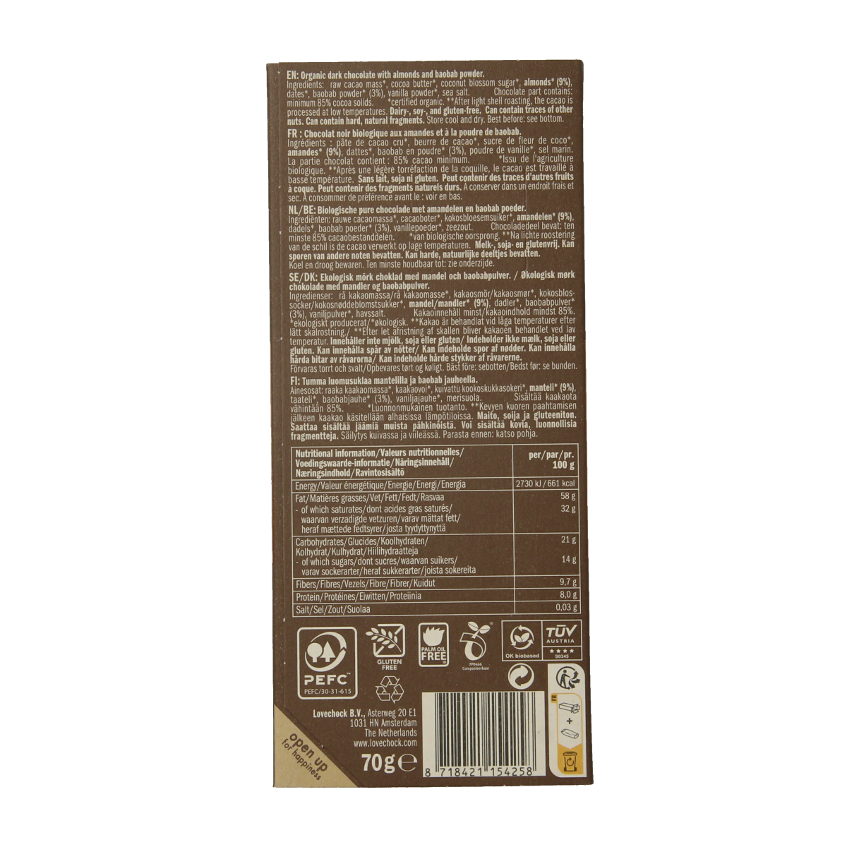 Lovechock almond Baobab organic chocolate bar, 70g, with visible almond pieces and textured chocolate surface.