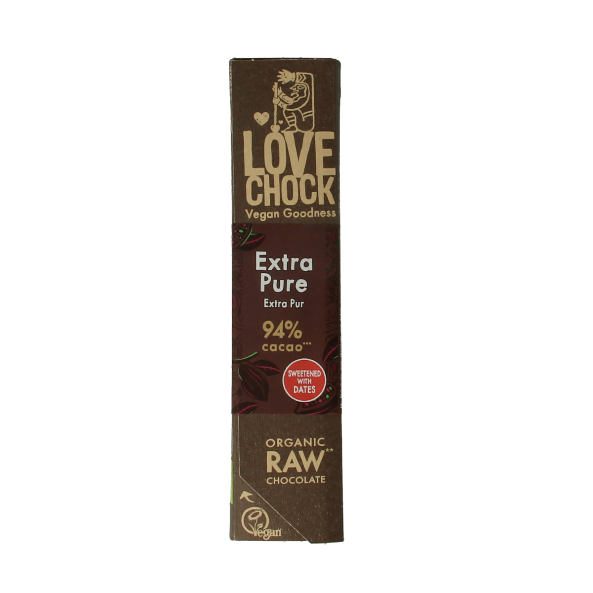 Lovechock Extra Pure 94% organic chocolate bar, 40g, with dark, rich cocoa visible in the image.