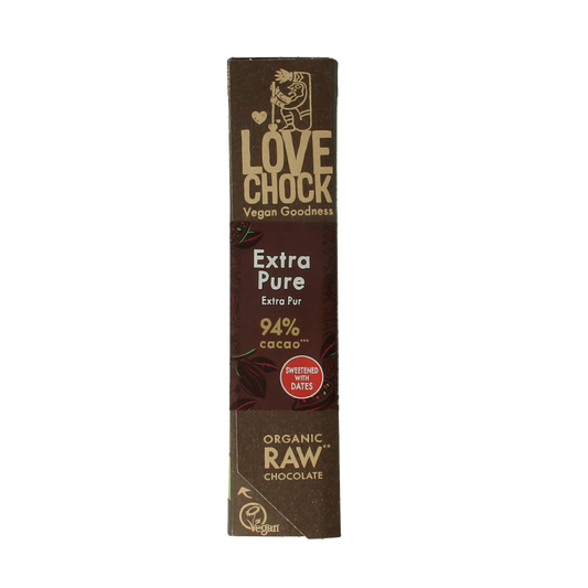 Lovechock Extra Pure 94% organic chocolate bar, 40g, with dark, rich cocoa visible in the image.