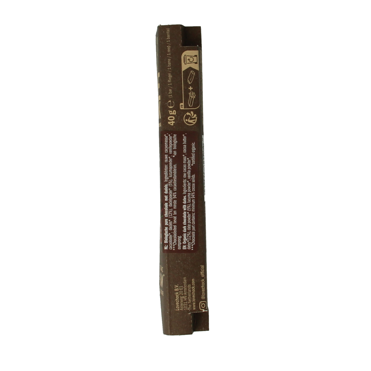 Lovechock Extra Pure 94% organic chocolate bar, 40 grams, with dark, rich appearance and textured surface.