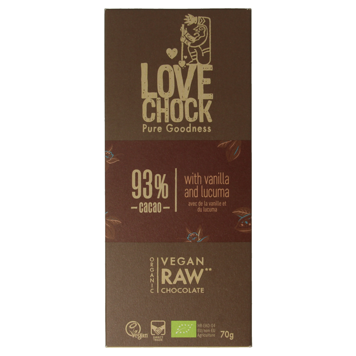 Lovechock 93% pure vanilla lucuma organic chocolate bar with dark chocolate and natural vanilla flavor, 70g.