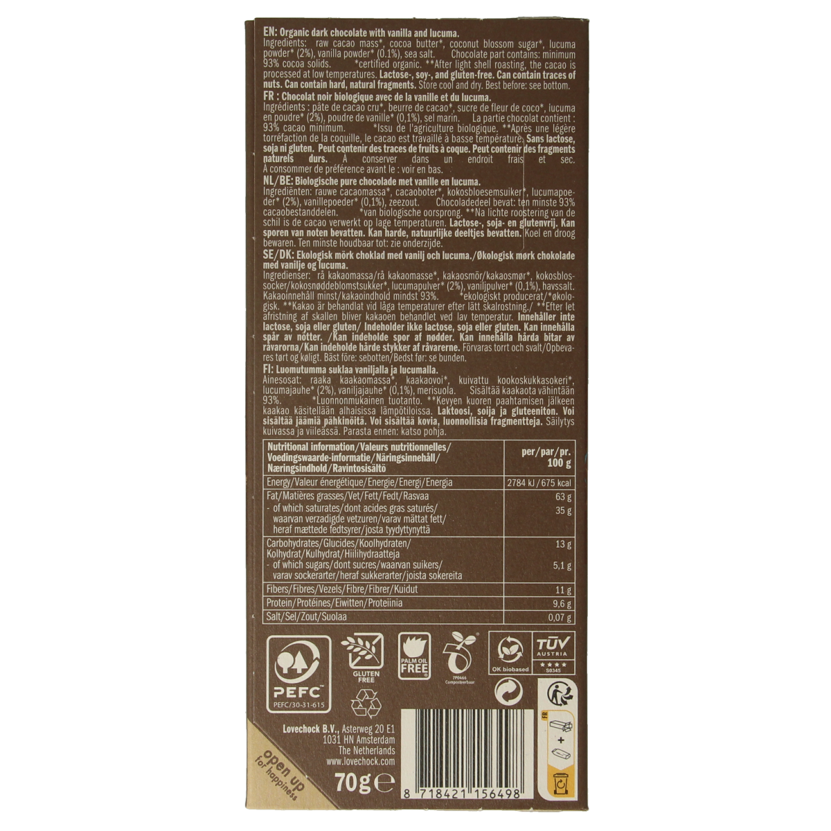 Lovechock 93% pure vanilla lucuma organic chocolate bar, 70g, showing the dark chocolate with vanilla and lucuma ingredients.