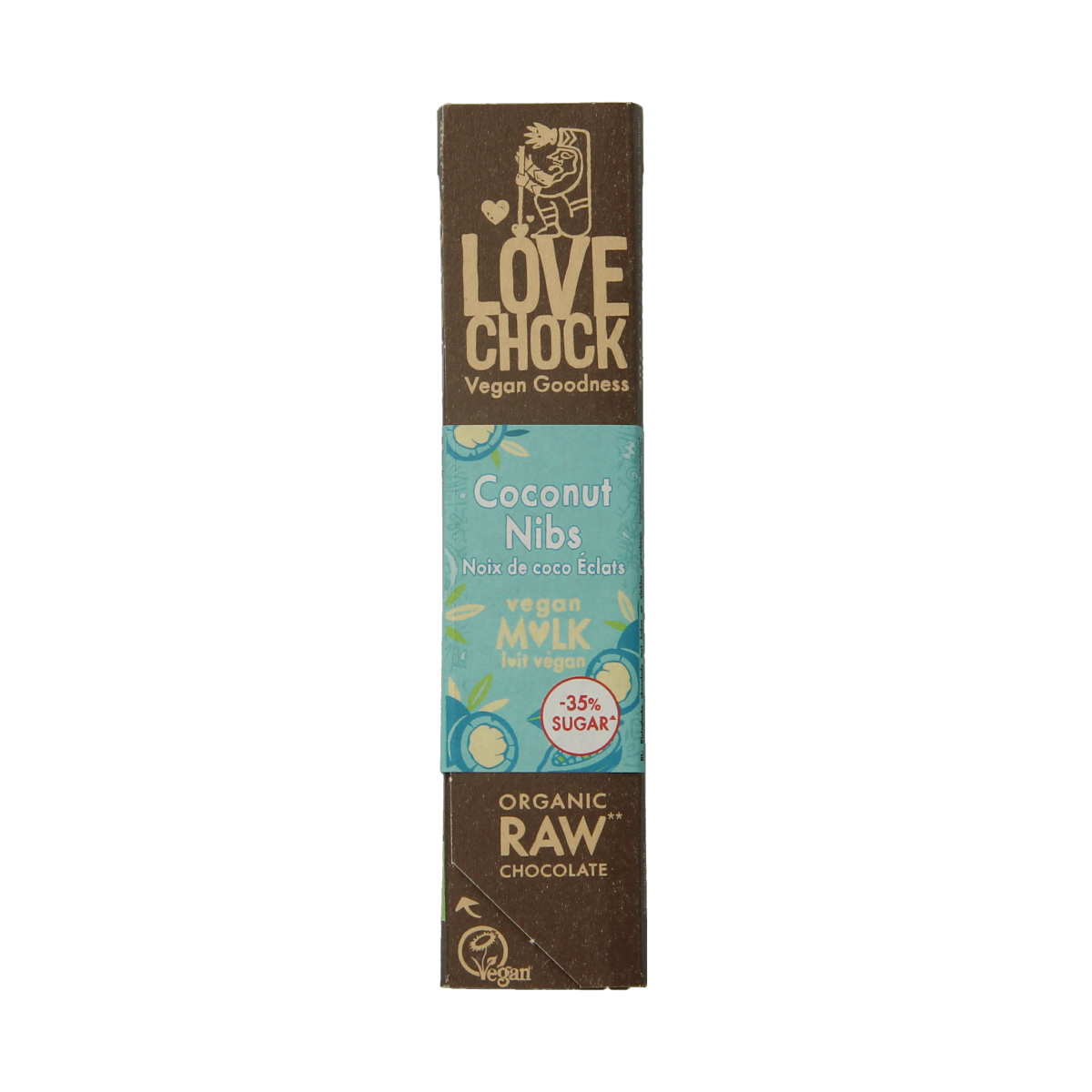 Lovechock M'lk coconut nibs bio chocolate bar, 40g, with coconut pieces in creamy milk chocolate, natural and organic.