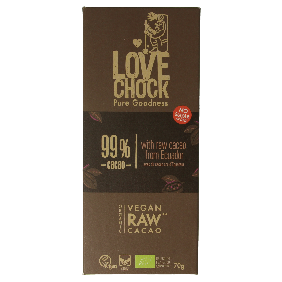 Lovechock Extreme dark 99% pure organic chocolate bar, 70g, with rich, smooth dark chocolate surface and branding.
