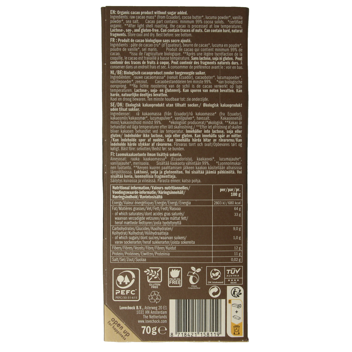 Lovechock Extreme dark chocolate bar 99% pure bio, 70g, with a close-up of the packaging and chocolate pieces.