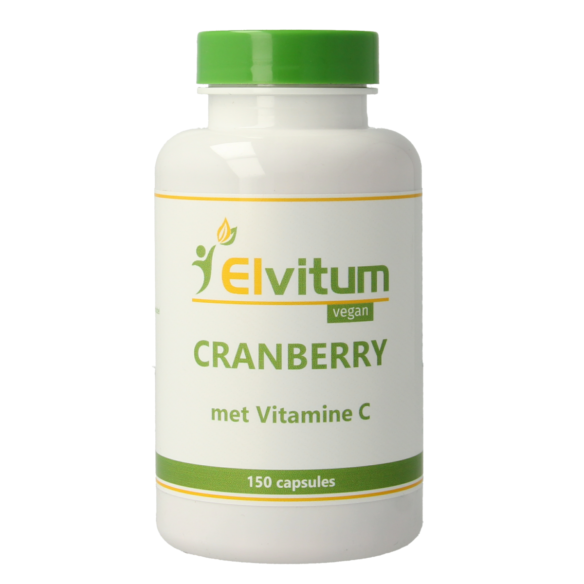 Elvitum Cranberry + 60mg vitamine C vegetarische capsules, kruidpreparaten, close-up of the supplement bottle and capsules.