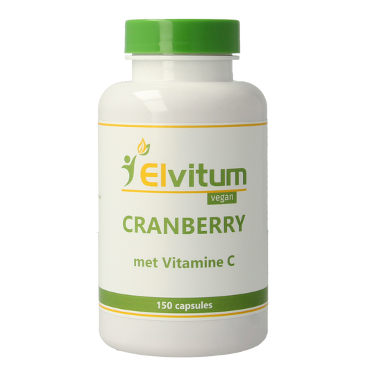 Elvitum Cranberry + 60mg vitamine C vegetarische capsules, kruidpreparaten, close-up of the supplement bottle and capsules.