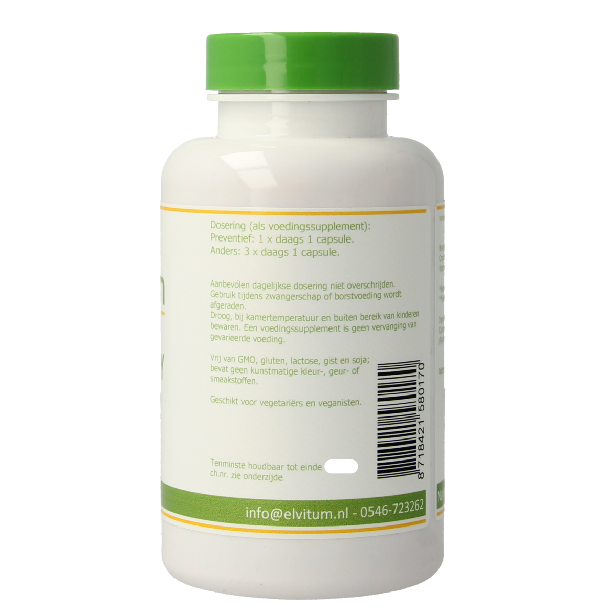 Elvitum Cranberry and 60mg vitamin C vegetarian capsules in a bottle, herbal supplement for urinary health.