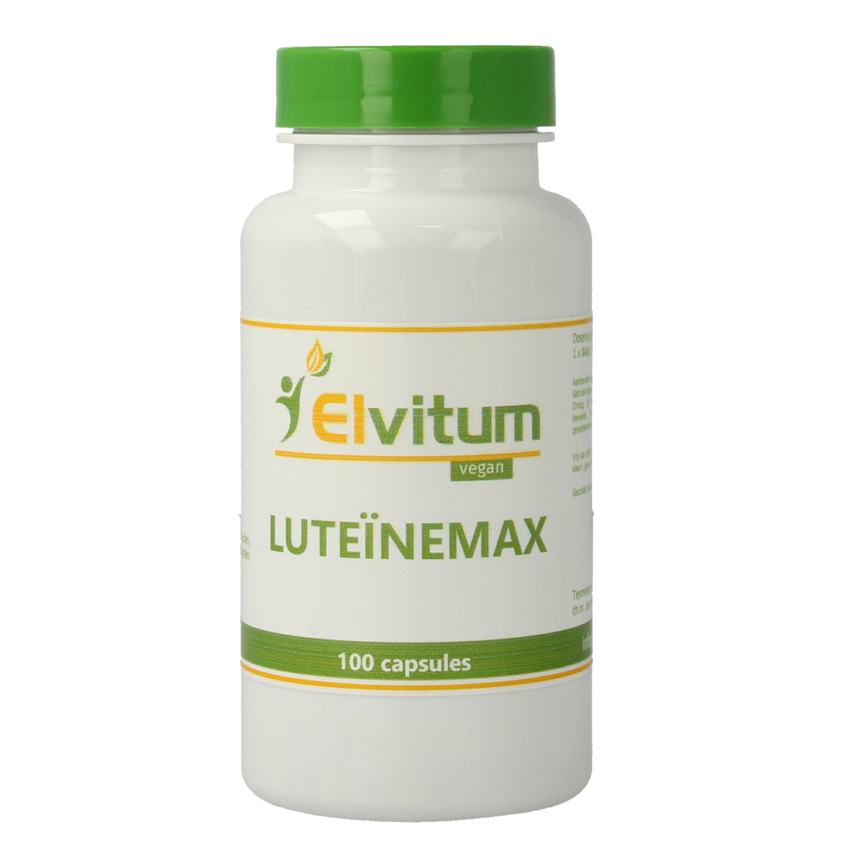 Elvitum Luteinemax 100 vegetarian herbal capsules in a container, designed for supporting eye health and overall wellness.