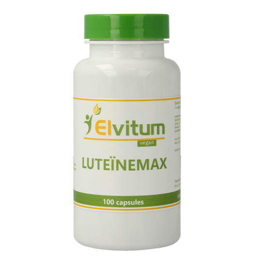 Elvitum Luteinemax 100 vegetarian herbal capsules in a container, designed for supporting eye health and overall wellness.