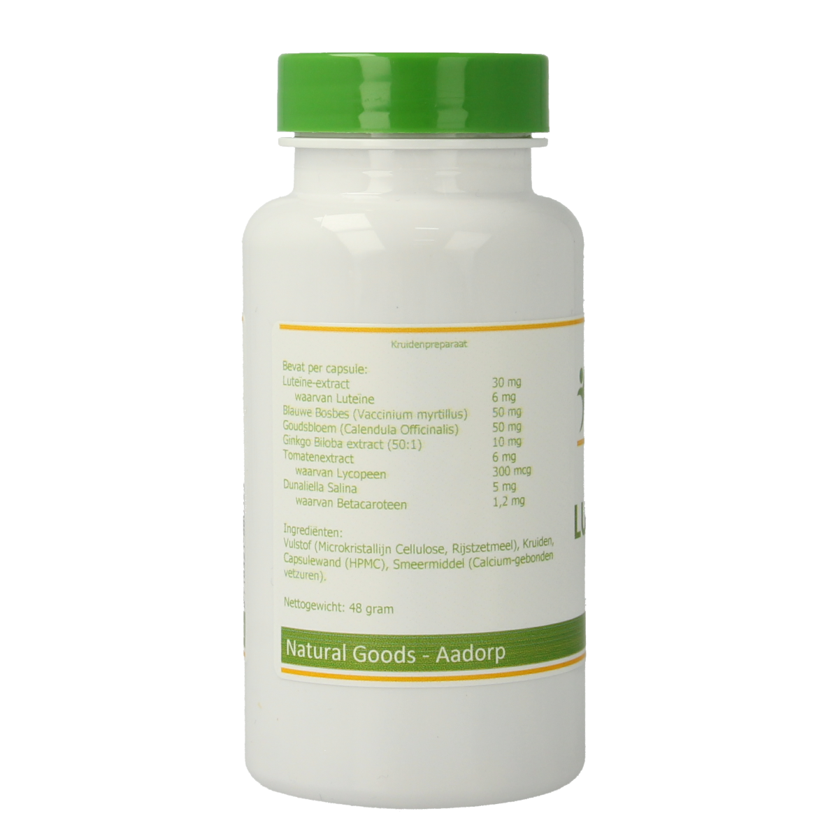 Elvitum Luteinemax 100 vegetarian herbal capsules, close-up of the supplement bottle with capsules inside