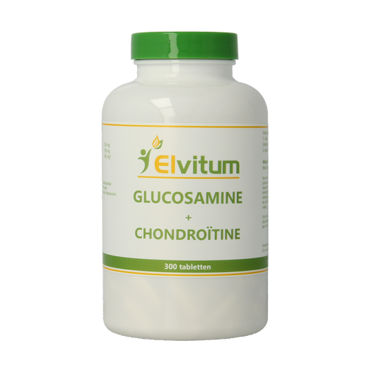 Elvitum Glucosamine Chondroitin mineral supplement bottles, showing 300 tablets for joint support and healthy cartilage.