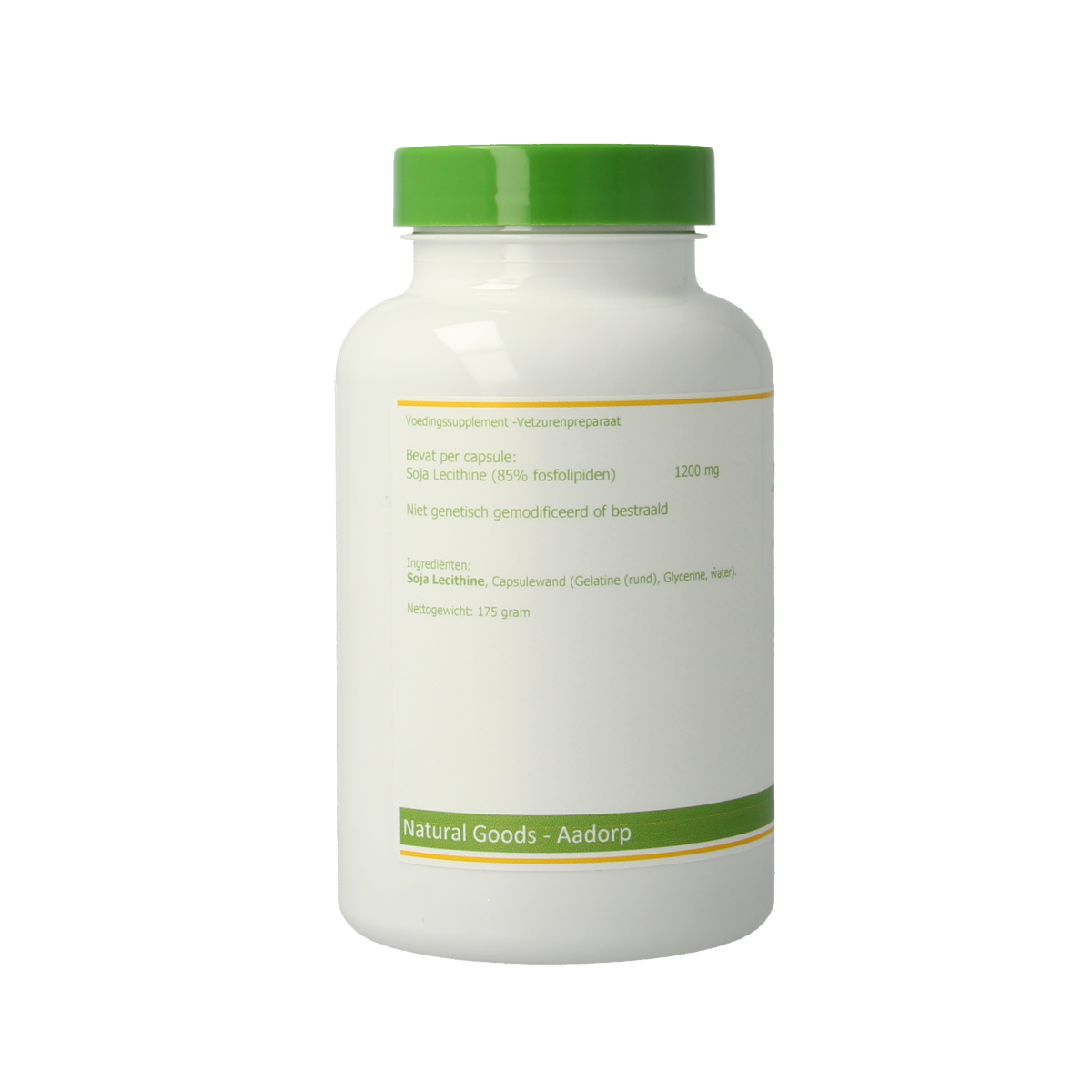 Elvitum Lecithine 1200 capsules, herbal supplement, close-up of the bottle with capsules inside.