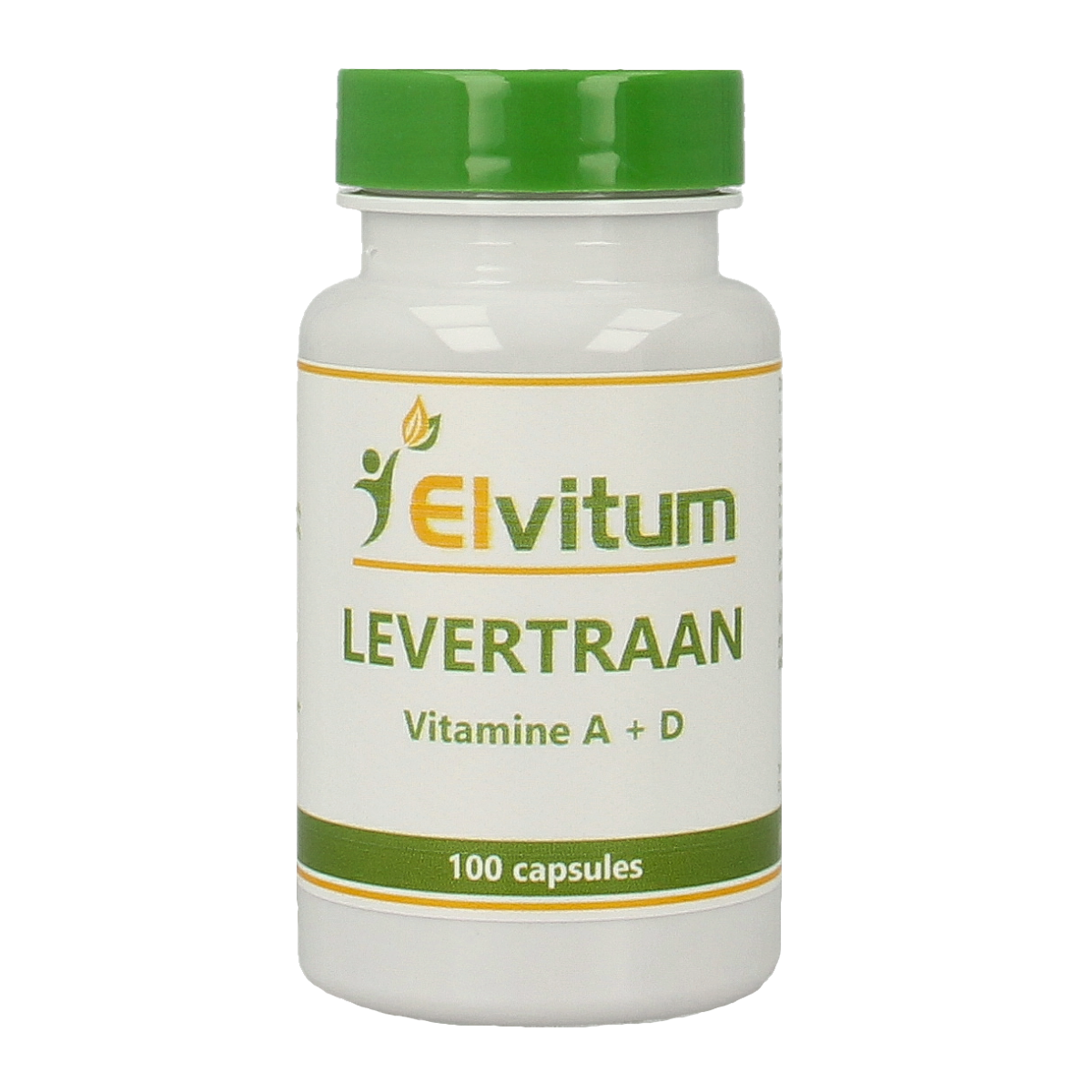 Elvitum Levertraan A D3 capsules, a Vetzuren supplement, displayed in a bottle with the label visible.