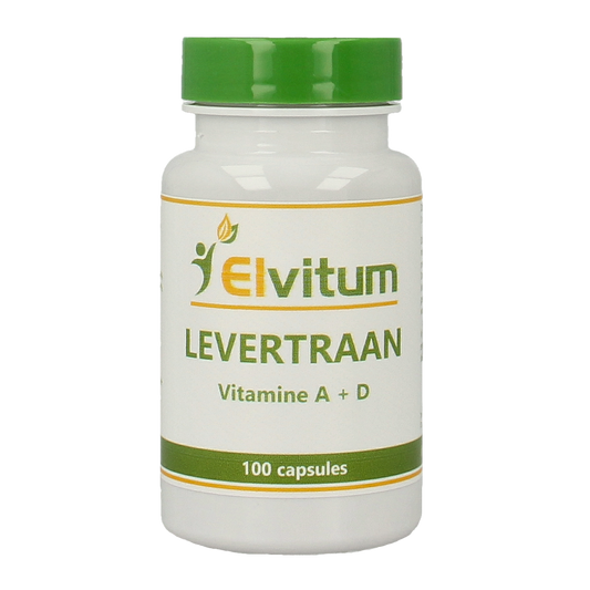 Elvitum Levertraan A D3 capsules, a Vetzuren supplement, displayed in a bottle with the label visible.