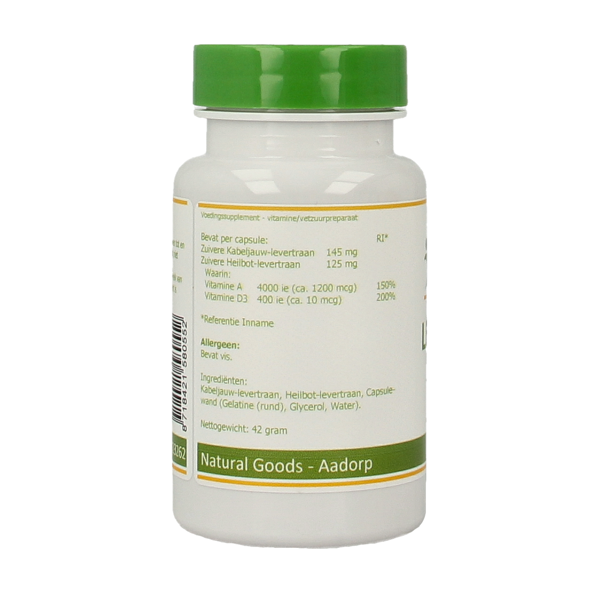 Elvitum Levertraan A D3 capsules, dietary vetzuren supplement with fish oil and vitamin D3, in a white bottle.