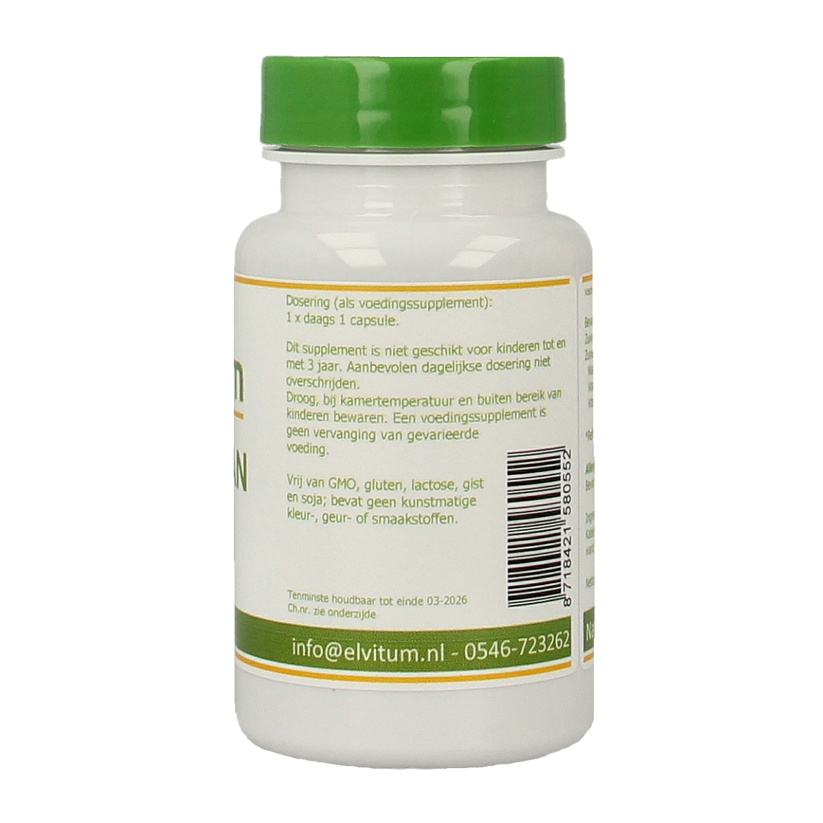 Elvitum Levertraan A D3 Vetzuren capsules in a blister pack, showing the product packaging and capsules.