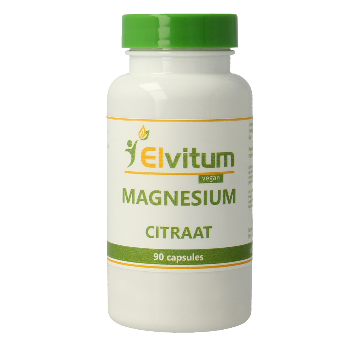 Elvitum Magnesium Citrat vegetarian capsules in a bottle, showing the supplement's label and capsules inside.