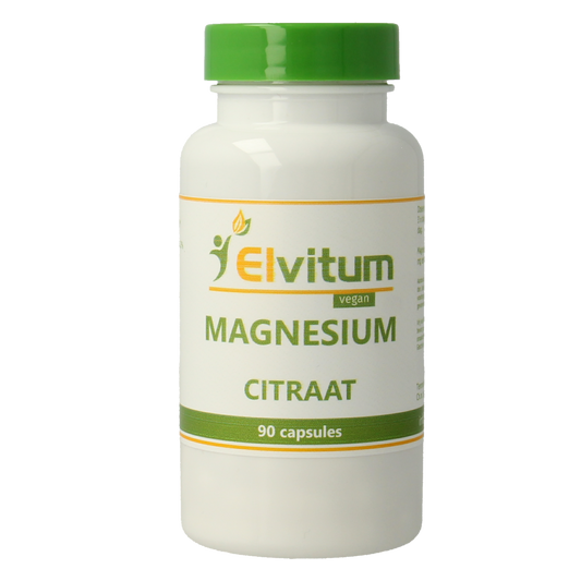 Elvitum Magnesium Citrat vegetarian capsules in a bottle, showing the supplement's label and capsules inside.