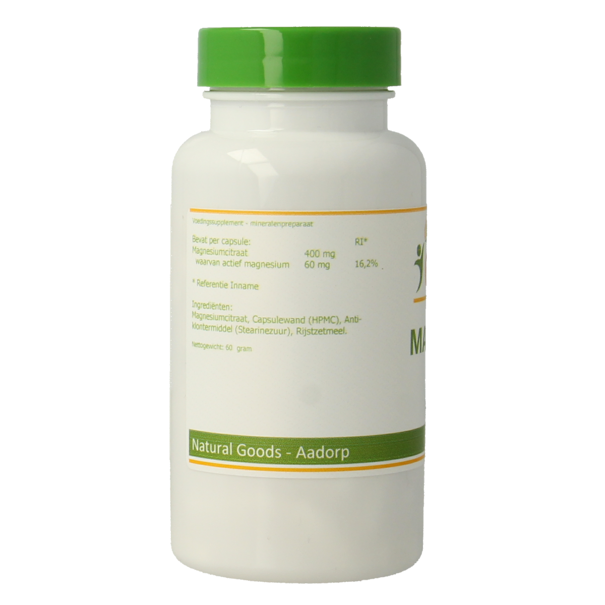 Elvitum Magnesium Citrate vegetarian capsules in a bottle, showing the supplement's label and capsules inside.