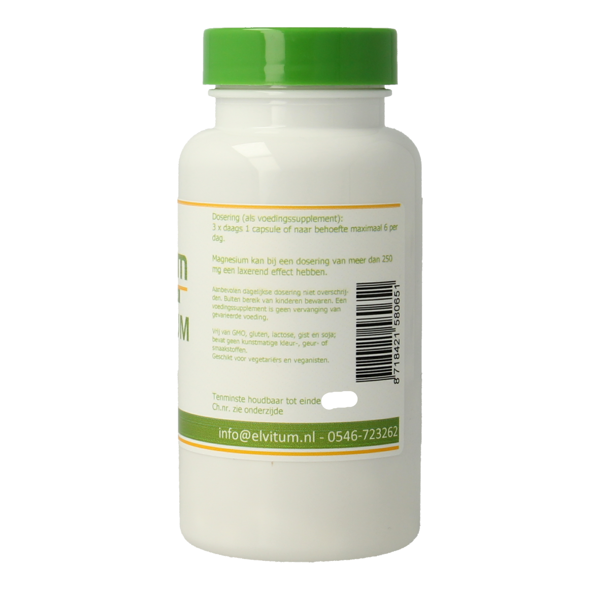 Elvitum Magnesium Citraat vegetarian capsules in a bottle, dietary supplement for mineral support.
