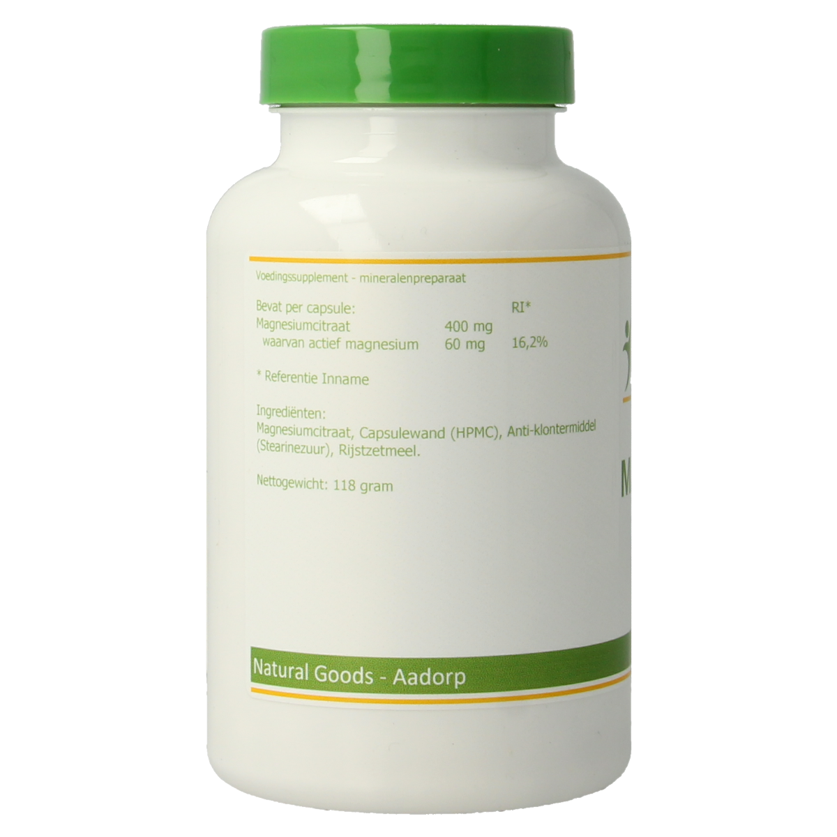 Elvitum Magnesium Citraat vegetarian capsules in a bottle, dietary mineral supplement for muscle and nerve health.