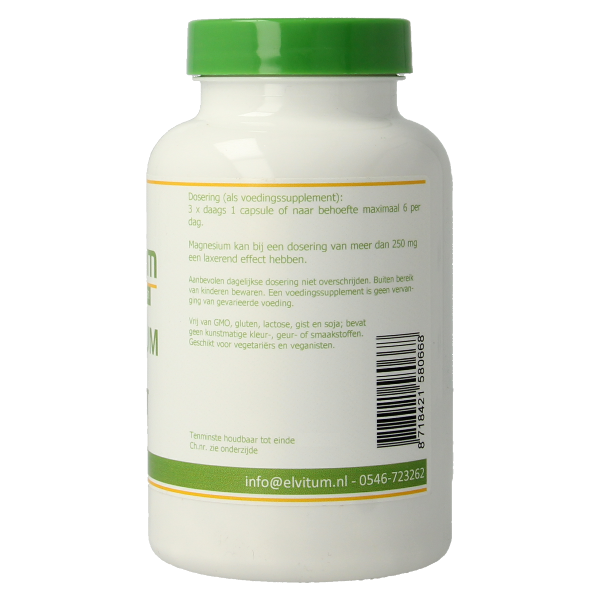 Elvitum Magnesium citraat vegetarische capsules in een pot, geschikt voor mineralen en supplementen, close-up van de verpakking