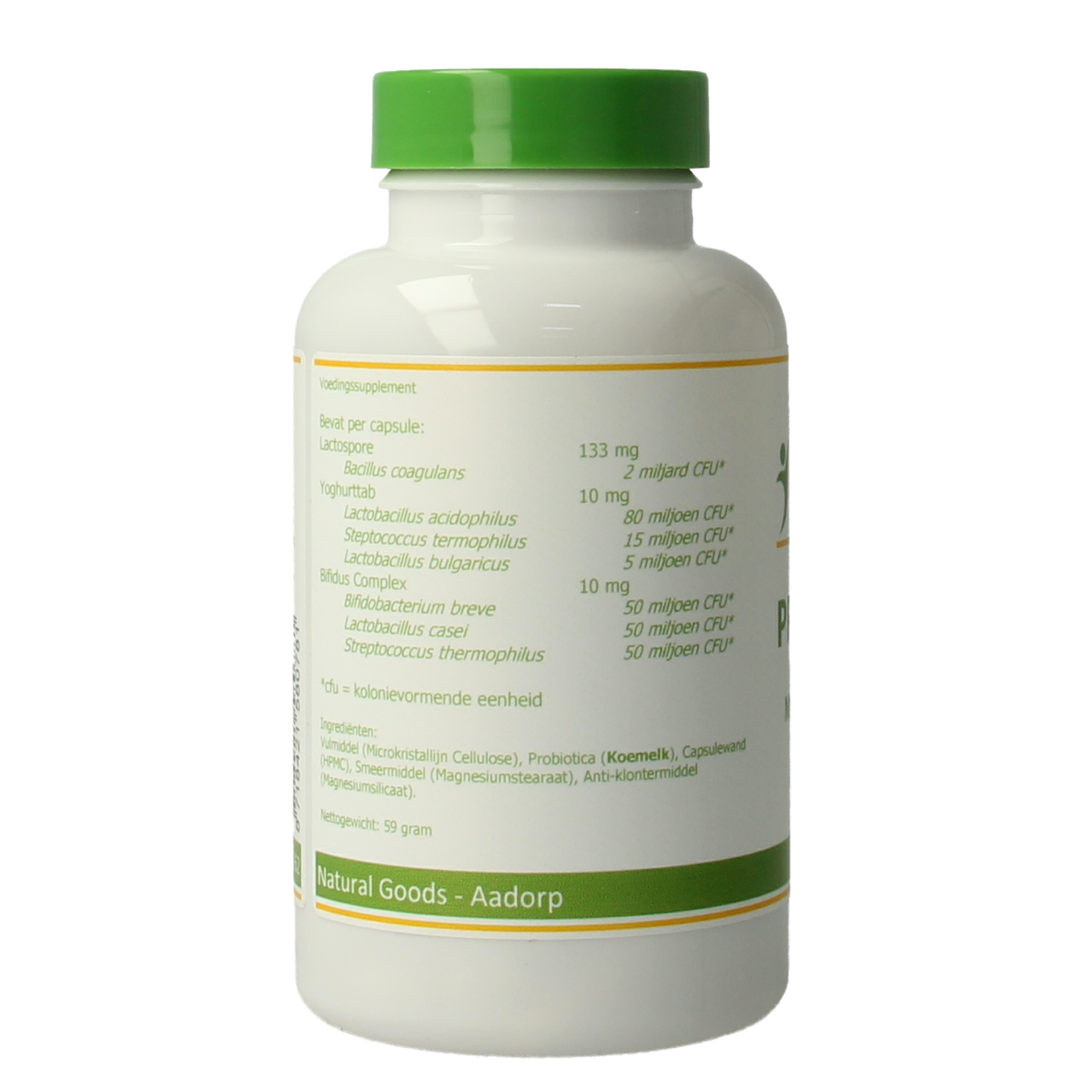 Elvitum Biotica vegetarian capsules containing micro-organisms for digestive health, shown in a clear container.