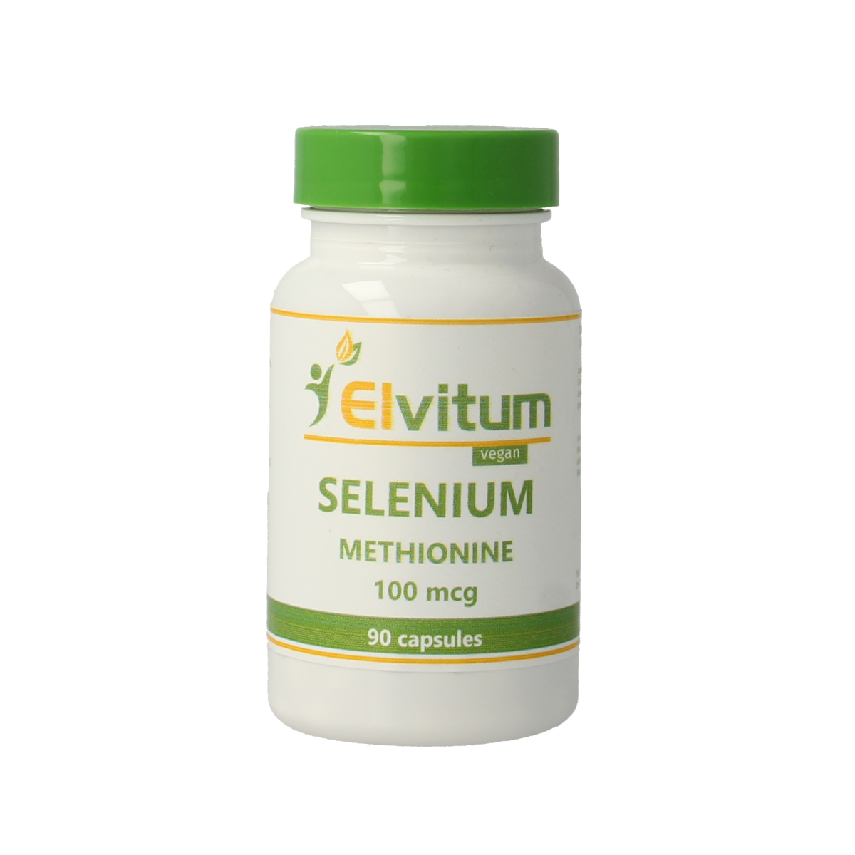Elvitum Selenium methionine vegetarian capsules, 100mcg, in a bottle showing the supplement and capsule details.