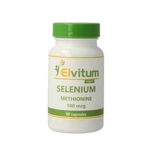 Elvitum Selenium methionine vegetarian capsules, 100mcg, in a bottle showing the supplement and capsule details.