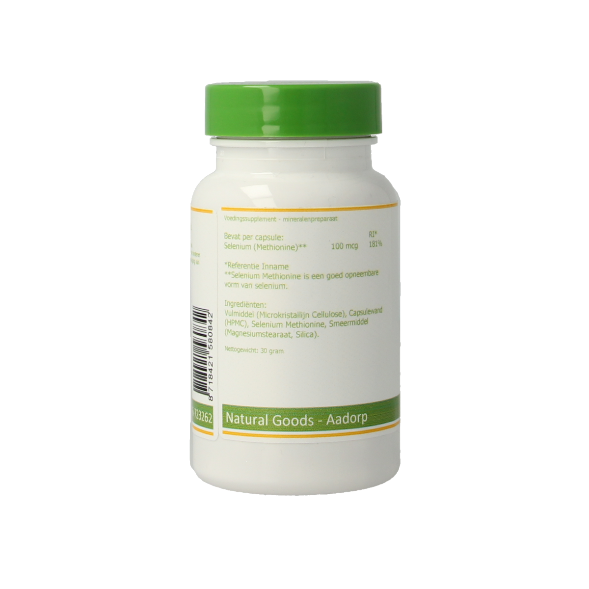 Elvitum Selenium Methionine vegetarian capsules, 100mcg, in a clear bottle with capsules visible inside.