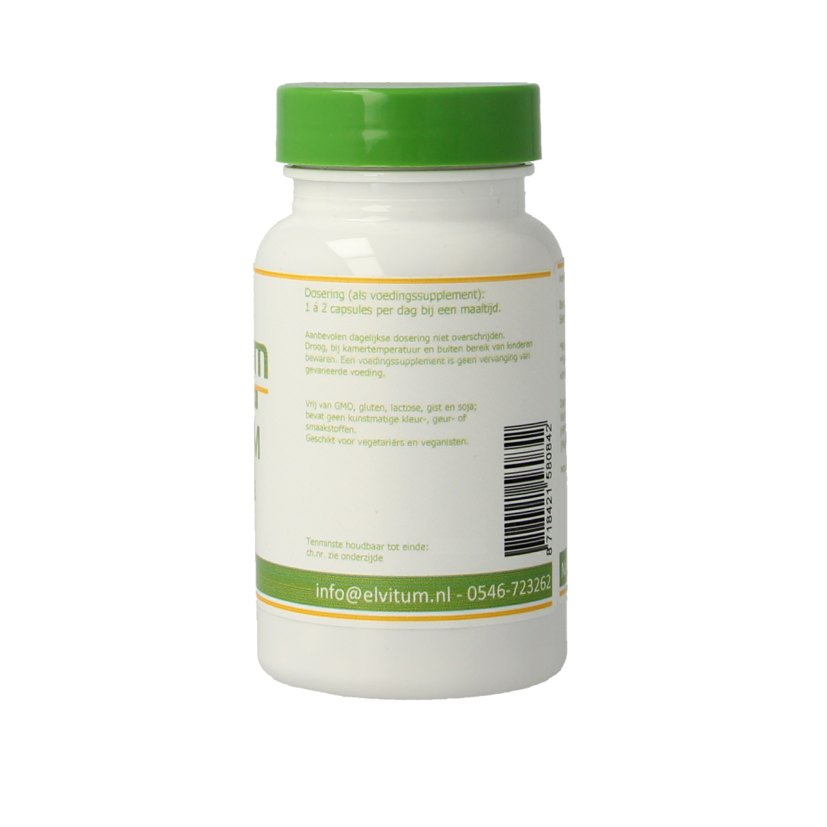 Elvitum Selenium methionine vegetarian capsules in a bottle, showing the supplement label and capsules inside.