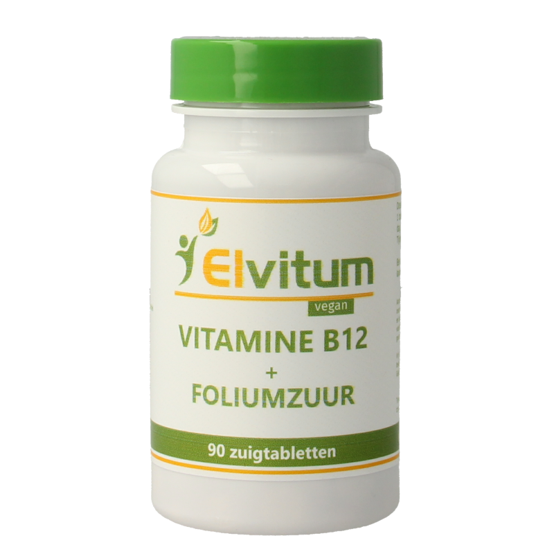 Elvitum Vitamin B12 1000mcg with folic acid chewable tablets, dietary supplement in blister pack.