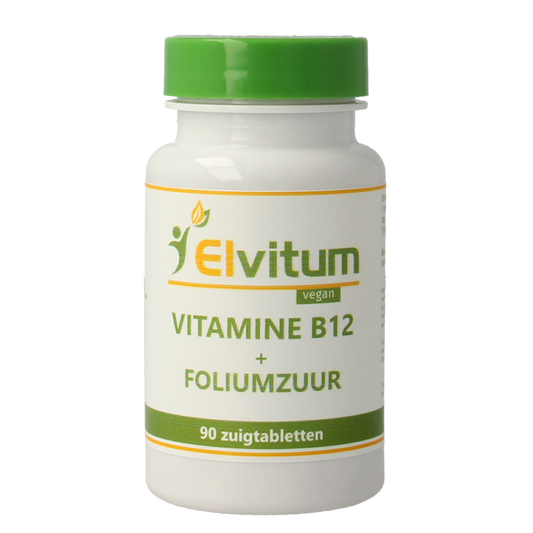 Elvitum Vitamin B12 1000mcg with folic acid chewable tablets, dietary supplement in blister pack.