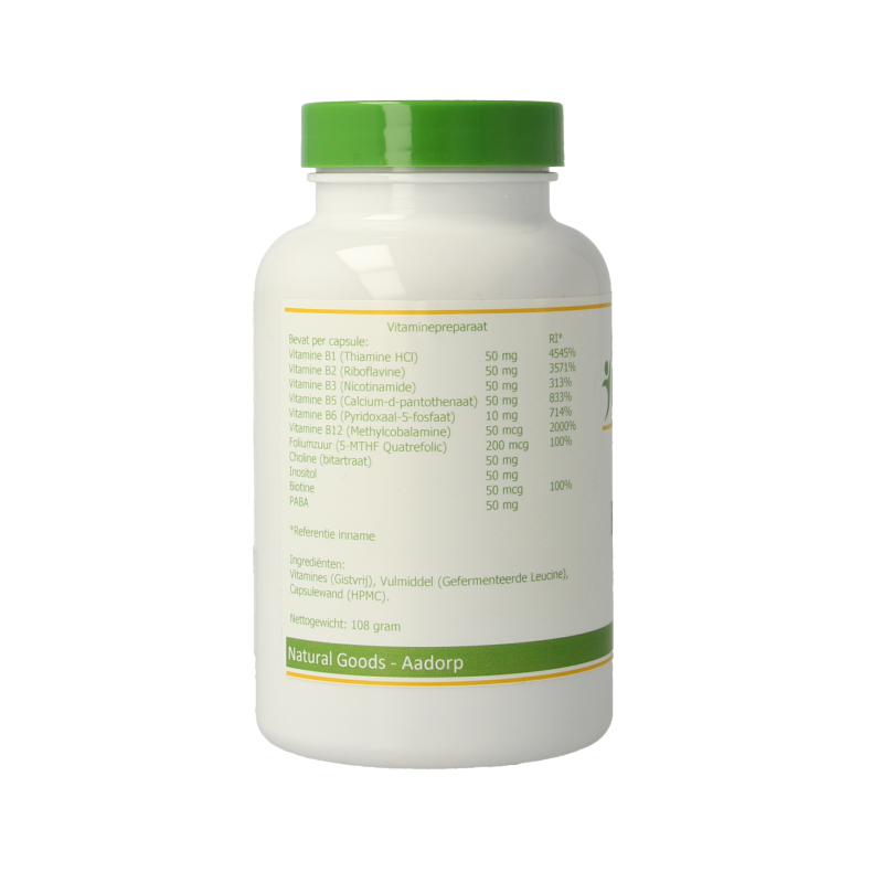 Elvitum Vitamine B-forte gistvrij vegetarian capsules, multi-vitamin supplement in a bottle, close-up of the capsules.