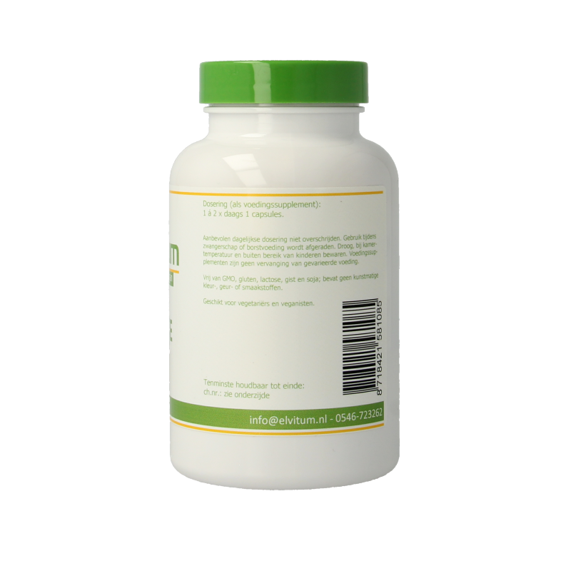 Elvitum Vitamine B-forte gistvrij vegetarian capsules, dietary supplement in a clear plastic bottle with capsules inside.