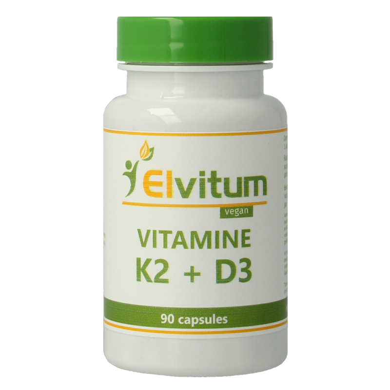 Elvitum Vitamin K2 & D3 multivitamin capsules in a bottle, vegetarian supplement for bone and immune health.