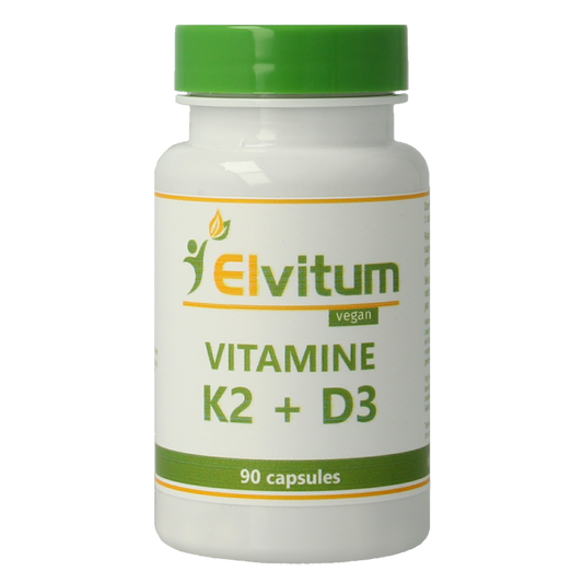 Elvitum Vitamin K2 & D3 multivitamin capsules in a bottle, vegetarian supplement for bone and immune health.