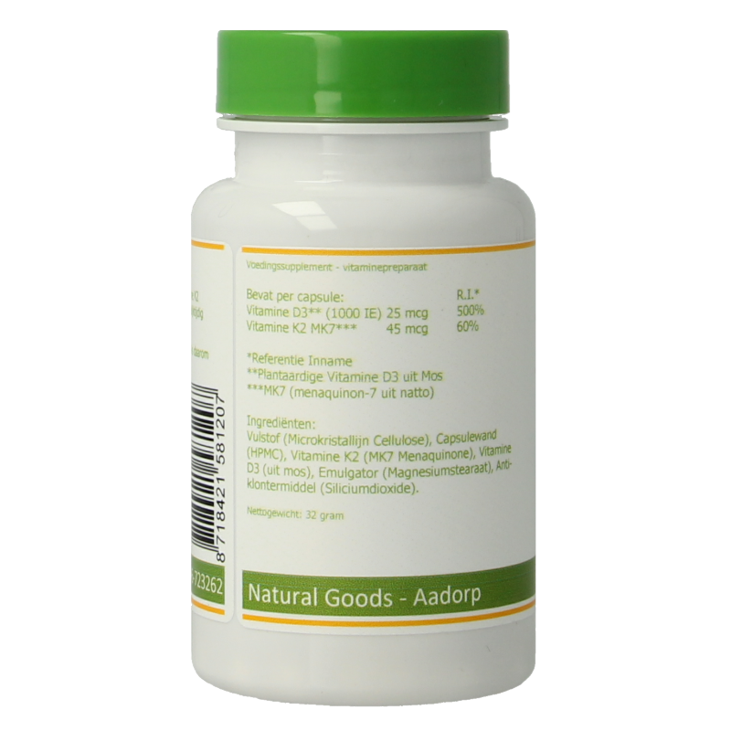 Elvitum Vitamin K2 & D3 vegetarian capsules in a clear bottle, showing the supplement tablets inside.