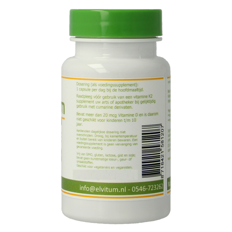 Elvitum Vitamin K2 & D3 vegetarian capsules, supplement for bone health and immune support, displayed in a bottle with capsules.