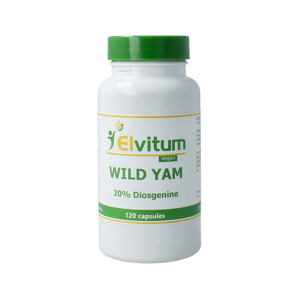 Elvitum Wild Yam 100mg vegetarian capsules with 20% diosgenin, herbal supplement, shown in a clear bottle.