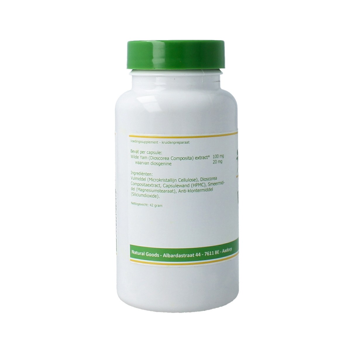 Elvitum wild yam capsules with 100mg and 20% diosgenin, vegetarian herbal supplement in a bottle.