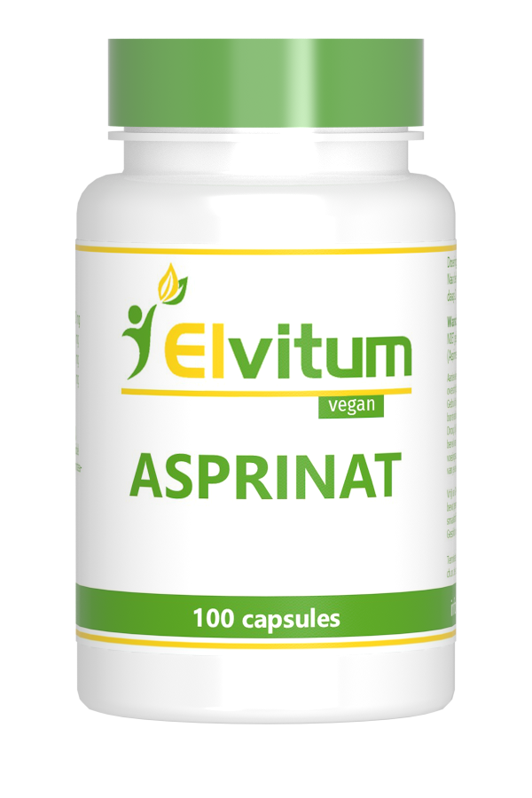 Elvitum Asprinat Salix Alba complex vegetarian capsules, herbal supplement in a white bottle with capsules visible inside.